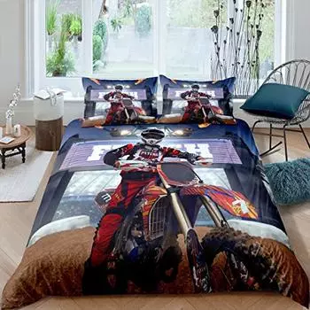 Dirt Bike Duvet Cover Set Motocross Rider Comforter Cover for Kids Boys Girls Teens Motorbike Print Sport Microfiber Bedding Set EU Single(135x200cm)