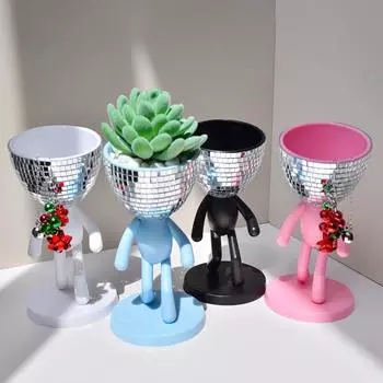 Disco Ball Flower Planter Creative Succulent Planter Pot Walking Man Figurine Flower Plants Vase Container Home Garden Decor чёрный