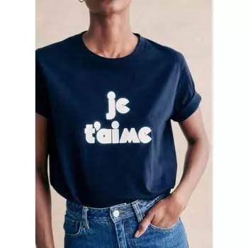 [Discount Season] French Minority Cooperation French Letter Print Organic Cotton Short Sleeve Navy Blue T-shirt Navy blue (small amount of In Stock) L