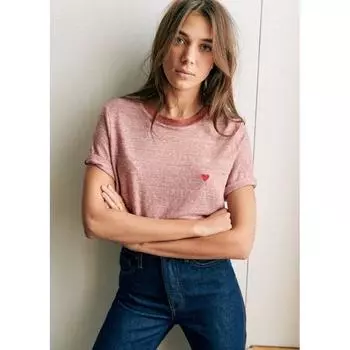 [Discount Season] French Minority Heart Embroider Stripes Linen Pink Short Sleeve T-shirt Pink M