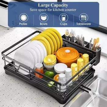 Dish Drying Rack for Kitchen Counter - Large Dish Rack with Drainboard, Rustproof Dish Drainer with Utensil Holder for Sink чёрный