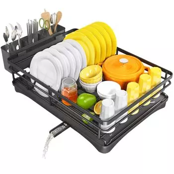 Dish Drying Rack for Kitchen Counter - Large Dish Rack with Drainboard, Rustproof Dish Drainer with Utensil Holder for Sink чёрный