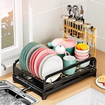 Сушилка для посуды с держателем для посуды, держателем для чашки и сливным носиком, антикоррозийная однослойная сушилка для посуды, для кухонной столешницы и раковины чёрный