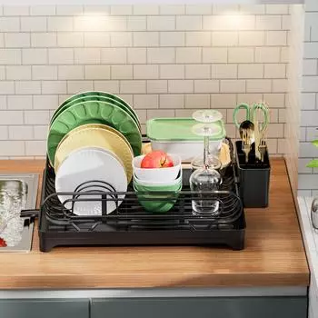 Dish Rack With Drainboard Dish Drainers for Kitchen Counter sink Adiustable Spout In sink Dish Strainers With Utensil Holder 1-tier