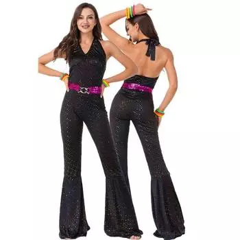 Диско Ретро 70-е Косплей Костюм Хэллоуин Маскарадная Вечеринка Хип-хоп Комплект Женщины Мужчины BlackJumpsuit,XL