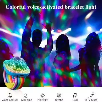 Диско-шар световой браслет активируемый звуком компактный дизайн портативный перезаряжаемый браслет RGB 1pc синий