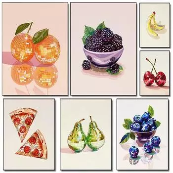 Диско Винтаж Вишня Клубника Черника Арбуз Лимон Фрукты Искусство Плакат Картины На Холсте Настенные Картины Домашний Декор 21cm30cm NoFrame