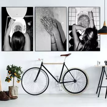Дискотека в ванной комнате с принтом, черно-белые забавные настенные художественные фотографии для туалета, постер для бара, девичий декор для комнаты в общежитии, фрески в консервативном стиле 21x30cm No Framed