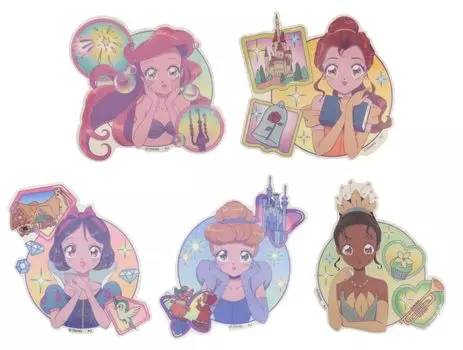 Disney Princess MANGA Mini Deco Sticker Set of 5 Little Mermaid and the Beast Princess and the Magical Kiss 7 см Kamio Japan Die-cut (Ариэль/Красавица