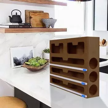 Диспенсер для пластиковой пленки с резаком и этикетками, настенный органайзер для упаковки из бамбука с 5 отделениями(многоцветный)