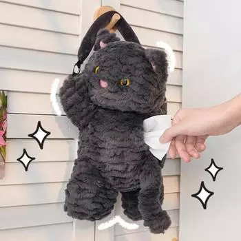 Диспенсер для салфеток Yousheng Plush, застежка-молния, в форме мультяшного кота, простая в установке, симпатичная коробка для салфеток, подвесной органайзер для салфеток на автомобиль серый