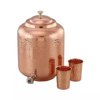 Диспенсер для воды из кованой меди на 14 литров (Матка) Горшок-контейнер с 2 медными стаканами. Чистая медь и аюрведические преимущества для здоровья.