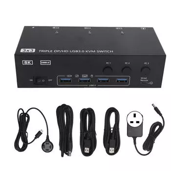 DisplayPort HD USB3.0 KVM-переключатель 8K на 60 Гц 4K на 144 Гц KVM-переключатель для 3 компьютеров Поделиться 3 US Plug
