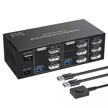 DisplayPort KVM-переключатель 2PC 3 монитора одновременный выход DP USB-переключатель DP 2 вход 3 выход коммутатор мониторов для совместного использования 2 компьютеров и 4