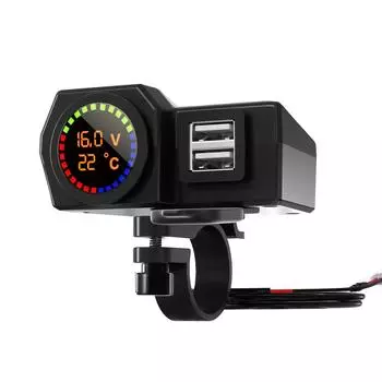 Дисплей температуры Двойное зарядное устройство USB Адаптер питания Розетка Розетка со светодиодным вольтметром Автомобильное зарядное устройство Адаптер для автомобиля Лодка Мотоцикл 3.7*7.4*4.35cm чёрный