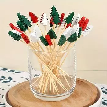 Disposable Bamboo Sticks Fruit Food Festive Toothpicks Christmas Fruit Sticks Christmas Tree Santa Claus Sticks Xmas Ornaments