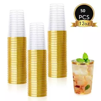 Disposable Transparent Plastic Cup with Gold Rim, Plastic Wine Glass, 12Oz, Party, Christmas, 50Pcs 360ml