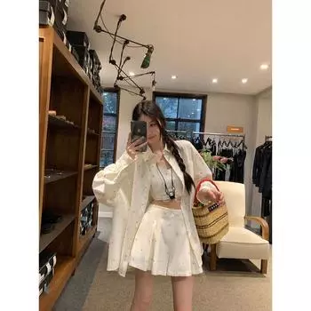 District Ouyang Cotton and Linen Sun Protection Shirt Suspender Shorts Suit Women s Summer New Design Sense Niche Style Three-Piece Set