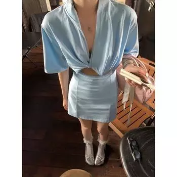 District Ouyang Knot Hollow out V-neck Dress Women s Summer New Arrival Waist-Controlled Slim Fit Slimming Sexy Hip Skirt