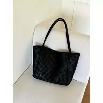 Diudiu Niche Design Early Eight Tong Qin Versatile Large Capacity Tote Bag Woven Elegant Casual Portable Shoulder Bag Black