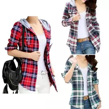 Diva Женская мода Свободная рубашка с длинным рукавом Классическая клетчатая рубашка с капюшоном на пуговицах Хлопковая рубашка Пальто L зелёный