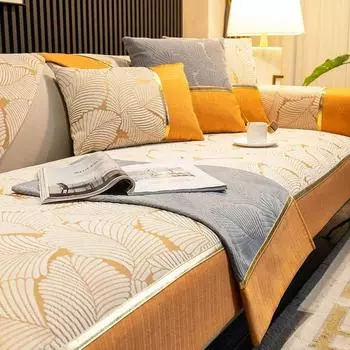 Диванный коврик-полотенце с золотой каймой, нескользящий чехол для дивана, наволочка с рисунком листьев, диванная подушка для гостиной, L-образной формы 70x70cm 1pcs