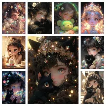 Diy 5D Алмазная картина Милая девушка Кошка Полный круглый квадратный алмазный арт Домашнее животное Мозаика Вышивка Набор настенное украшение Full Round 20x30CM