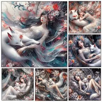 DIY 5D Алмазная Картина Новая Лиса Фея Полная Круглая Квадратная Алмазная Мозаика Цветочная Вышивка Искусство Алмазное Украшение Дома Full Round 20x20CM