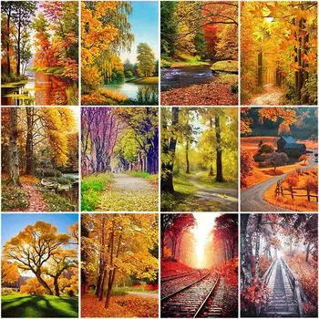 DIY 5D Алмазная картина Осенний пейзаж Дерево Алмазная вышивка Крестом Мозаика Полный круглый