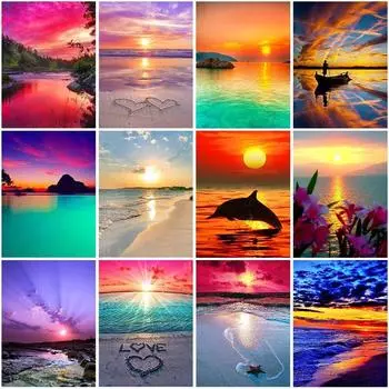 DIY 5D Алмазная картина Пляжный пейзаж Алмазная художественная вышивка Вид на море Полная круглая дрель Смола Домашний декор Подарок Full Round 15x20CM