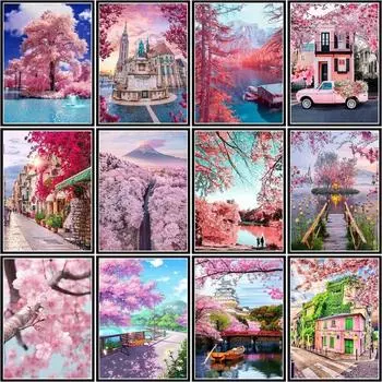 Diy 5d Алмазная картина Полный круглый Розовый дом Пейзаж Алмазная вышивка Комплект Мозаика Дерево Домашний декор Full Round 20x30CM