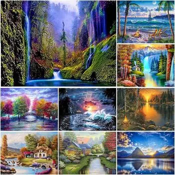 DIY 5D Алмазная картина Водопад Пейзаж Полный круглый горный хрусталь Алмазная вышивка Крестом 20X30CM красный