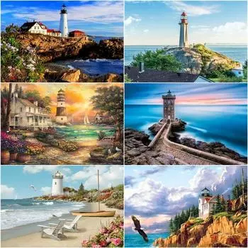 DIY 5D Алмазная картина Вышивка крестиком Морской пейзаж Дом Полный круглый дрель Маяк Установка Солнце Алмазная вышивка Full Round 20x30CM
