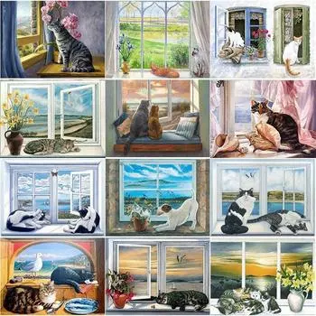 DIY 5D алмазная живопись Кот у окна Алмазная мозаика наборы для вышивки крестом украшение дома полная круглая алмазная вышивка Round 20x30cm