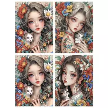 DIY 5D Красивая девушка Животные Кошка Мультфильм 2024 Новая ручная алмазная живопись Вышивка Детская вышивка крестом Мозаика Домашний декор Подарок Full Round 20x30CM