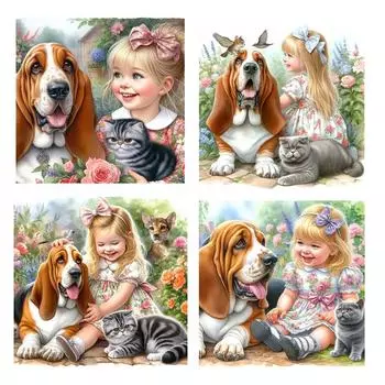 DIY 5D Новинка 2024 Алмазная картина Мультфильм Милая Девушка Кошка Собака Алмазная вышивка Полный Круглый Мозаика Набор для вышивки крестом Распродажа Домашнего Декора Full Round 20x20CM