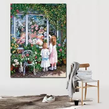 DIY 5D Окно Маленькая девочка Алмазная картина Вышивка крестиком Мозаика Стразы Вышивка Домашний декор 20X30CM