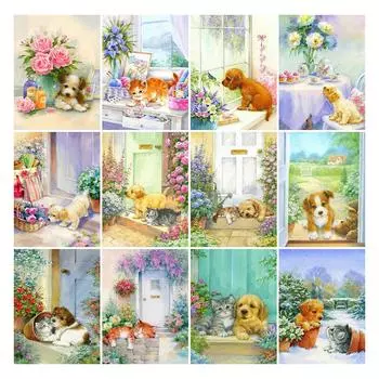 Diy 5d Полная Алмазная Картина Животное Вышивка Квадрат Круглый Дрель Цветок Собака Мозаика Вышивка Крестом Ручная Работа Декоративное Искусство Хобби Full Round 20x30CM