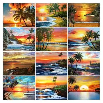 Diy 5d полная алмазная живопись пейзаж вышивка квадратная круглая дрель закат пляж кокосовая пальма мозаика вышивка крестиком искусство хобби подарок Full Round 20x30CM