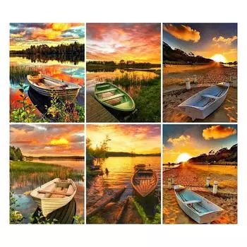 Diy 5d полная алмазная живопись пейзажная вышивка квадратная круглая дрель закат на берегу озера лодка мозаика вышивка крестиком искусство подарок для хобби Full Round 20x30CM