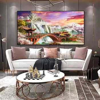 DIY 5D полная алмазная живопись водопад мост павильон пейзаж пейзаж комплект алмазной вышивки пейзаж вышивка крестиком стены книги по искусству домашний декор 30x60CM