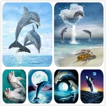 DIY 5D Полный дрель Алмазная картина Дельфин Луна Вышивка Крестом Мозаика Домашний Декор Подарок Full Round 20x25CM