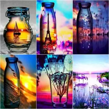 DIY Алмазная картина 5D Стеклянный пейзаж Полный круглый вышивка Заходящее солнце Ручная работа Домашний декор Алмаз Full Round 20x30CM