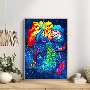 DIY Алмазная картина Цветной павлин Набор для вышивки крестом Мозаика Искусство Алмазная картина Полный круг/Квадратный алмаз Украшение дома Round 20x30cm