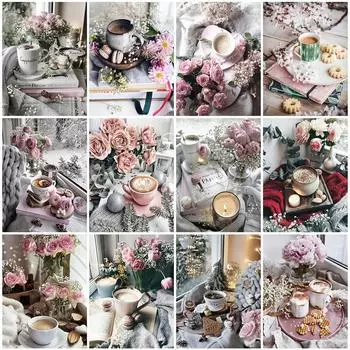 DIY Алмазная картина Цветок Розовый Полный круглый Алмазная вышивка Кофейная чашка Вышивка крестиком Мозаика Настенный декор Full Round 20x25CM