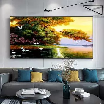 DIY Алмазная картина Деревья на закате Река Пейзаж Алмазная вышивка Пейзаж Вышивка крестиком Стена гостиной Искусство Домашний декор 30x60CM