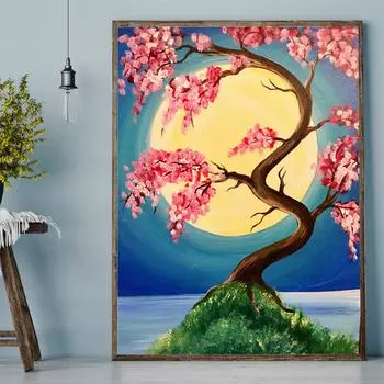 DIY Алмазная картина Дерево и Луна Набор для вышивки крестом Мозаика Искусство Алмазная картина Полный круг/Квадратный алмаз Украшение дома Round 20x30cm