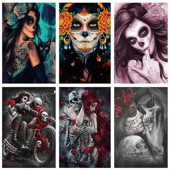 DIY Алмазная картина Хэллоуин Череп Картина Алмазная вышивка Женская мозаика Комплект Домашнее настенное художественное украшение 30*40cm белый