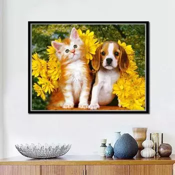 DIY Алмазная картина Кошка и собака Алмазная вышивка Художественная картина Животное Картина Вышивка крестом Домашний декор 20X30CM