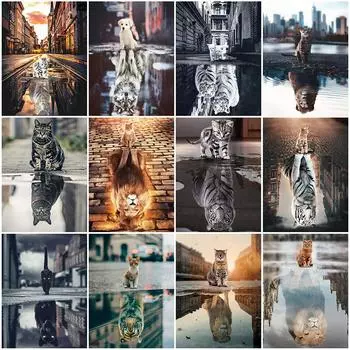 DIY Алмазная картина Мозаика Кот Тигр Лев Животное Полный квадрат Круглый Отражение Вышивка Город Новое поступление Домашний декор Full Round 20x30CM